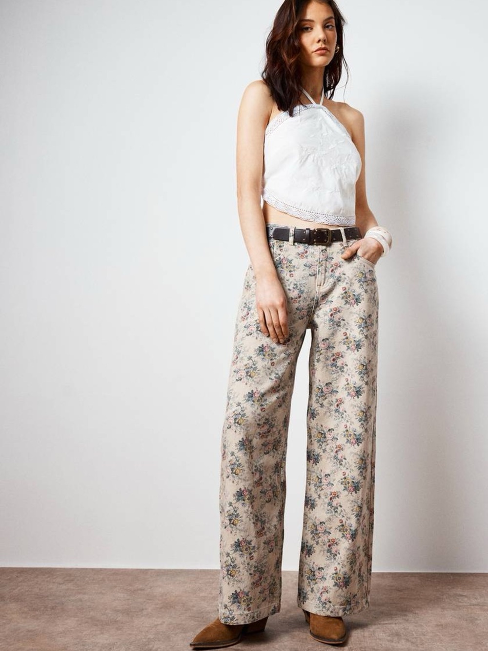 Nasty Gal Floral Wide-Leg Pants in Beige with Pink & Blue Accents